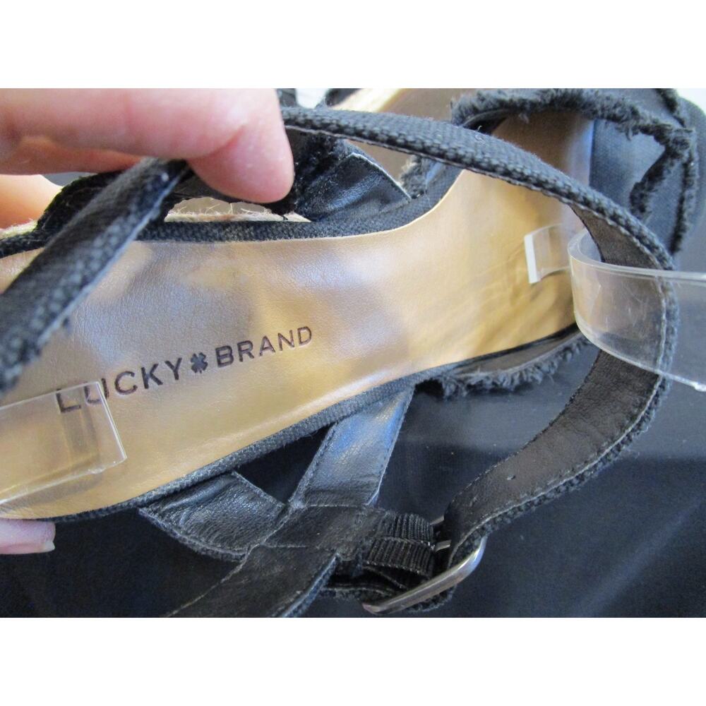 Lucky Brand Mindra Black Canvas Fringe Ankle Strap Espadrille Wedge Sandals 9M - Picture 10 of 11